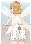  1girl bangs blonde_hair bloomers chii-kun_(seedyoulater) commentary_request fairy fairy_wings from_behind hair_ribbon leaning_forward looking_to_the_side open_mouth red_ribbon ribbon shirt short_hair sidelocks smile solo strap_slip sunny_milk tank_top touhou two_side_up underwear white_bloomers white_shirt wings 
