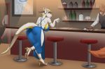  2020 alcohol anthro bar bartender beverage biped blonde_eyebrows blonde_hair blue_clothing blue_dress blue_eyes bottle breasts brown_body brown_fur brown_hair canid clothed clothing cocktail detailed_background digital_media_(artwork) dragon dress eyebrows female fingers footwear fully_clothed fur furniture gewitter glass grey_horn group hair hi_res high_heels horn inside leaning leaning_forward long_tail looking_back male mammal multicolored_body multicolored_scales multicolored_tail non-mammal_breasts scales shoes solo_focus stool two_tone_body two_tone_scales two_tone_tail white_body white_scales white_tail wine_glass yellow_tail 