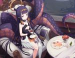  book cropped drink flat_chest flowers food gloves halo hololive ikomochi long_hair ninomae_ina&#039;nis pointed_ears purple_eyes purple_hair tentacles thighhighs wings 