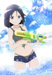  1girl bandaid bandaid_on_face bikini black_bikini black_hair blue_eyes blue_shorts blush brave_witches breasts cloud cloudy_sky collarbone eyebrows_visible_through_hair highres kanno_naoe looking_at_viewer open_clothes open_shorts outdoors shiny shiny_hair short_hair short_shorts shorts sky small_breasts smile smirk solo sparkle speedrave83 standing swimsuit swimwear water_gun world_witches_series 