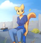  2020 anthro bethesda_softworks book bottomwear cheek_tuft clothed clothing cloud detailed_background enginetrap facial_tuft felid female fully_clothed fur hi_res katia_managan khajiit looking_at_viewer mammal outside pants prequel rock shirt signature sitting sky solo the_elder_scrolls topwear tuft video_games webcomic yellow_body yellow_fur 