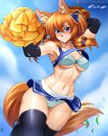  ! 1girl abs animal_ears armpits artist_name bare_shoulders blue_eyes blush bow bow_panties bra breasts cheerleader cleavage collarbone commentary_request elbow_gloves fox_ears fox_girl fox_tail gloves hair_between_eyes highres large_breasts looking_at_viewer midriff miniskirt navel open_mouth orange_hair original panties patreon_username pom_pom_(clothes) skirt sleeveless smile solo tail teeth thighhighs tongue underboob underwear vilde_loh_hocen watermark web_address 
