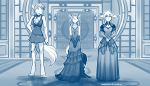  2020 accessory anthro barefoot basitin blue_and_white blush bottomwear bow_tie bracelet braided_hair breasts canid canine canis chest_tuft cleavage clothed clothing conditional_dnp cosplay crossdressing digitigrade evening_dress female final_fantasy final_fantasy_vii flower flower_in_hair fox gloves_(marking) group hair hair_accessory hand_on_hip hi_res inside jewelry keidran keith_keiser laura_(twokinds) looking_aside male mammal markings minidress miniskirt monochrome natani necklace plant sketch skirt square_enix tom_fischbach tuft twokinds video_games webcomic wolf 
