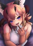  1girl :d absurdres animal_ear_fluff bangs bare_shoulders blue_eyes caracal_(kemono_friends) caracal_ears deku_suke elbow_gloves extra_ears eyebrows_visible_through_hair fangs gloves head_tilt highres kemono_friends long_hair looking_at_viewer lying on_stomach open_mouth orange_hair shirt sleeveless sleeveless_shirt smile solo tail white_shirt 