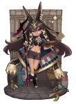  1girl animal_ears ankh anubis_(westxost) bike_shorts brown_hair closed_mouth earrings egyptian full_body hair_tubes holding jackal_ears jewelry long_hair looking_at_viewer midriff navel original polearm pot purple_eyes solo spear standing standing_on_one_leg thick_eyebrows thigh_gap weapon westxost_(68monkey) white_background 