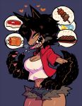  1girl :d animal_ears black_hair boned_meat breasts claws cleavage collared_jacket cowboy_shot dark_skin denim denim_shorts food fur-trimmed_shorts fur_trim half-closed_eyes hand_on_hip heart highres interlocked_mars_and_venus_symbols jacket large_breasts looking_at_viewer meat midriff monster_girl navel open_clothes open_jacket open_mouth original paws purple_background rariatto_(ganguri) red_jacket rudi_(rariatto) sharp_teeth shirt short_hair short_shorts shorts simple_background skewer smile solo spit steak tail teeth tongue tongue_out werewolf when_you_see_it white_shirt wolf_ears wolf_tail yellow_eyes 