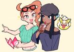  2girls :d black_hair blush collarbone cup disposable_cup do_m_kaeru eye_contact eyelashes eyeshadow eyewear_on_head gen_8_pokemon green_eyes grey_headwear hair_bun hair_ornament hat heart heart_hair_ornament holding holding_cup holding_map looking_at_another makeup map multiple_girls navel nessa_(pokemon) open_mouth orange_hair pokemon pokemon:_twilight_wings pokemon_(game) pokemon_swsh short_sleeves side_ponytail sidelocks smile sonia_(pokemon) sunglasses thought_bubble tongue yamper 