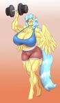  absurd_res anthro barbell big_breasts blue_hair blues64 bottomwear breasts cleavage clothed clothing equid equine exercise female gradient_background hair hasbro hi_res huge_breasts mammal marauder6272 muscular muscular_female my_little_pony pegasus shorts simple_background weightlifting wings workout yellow_body 