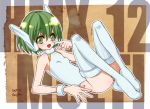  1girl android breasts commentary_request green_eyes green_hair kanoe_youshi leotard looking_at_viewer multi open_mouth robot_ears short_hair smile solo thighhighs to_heart 
