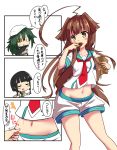  3girls ahoge aqua_sailor_collar bag belly_grab brown_eyes brown_hair commentary_request eyepatch highres huge_ahoge kantai_collection kiso_(kantai_collection) kitakami_(kantai_collection) kuma_(kantai_collection) long_hair midriff multiple_girls navel paper_bag pinching sailor_collar school_uniform serafuku shiba_(zudha) short_sleeves shorts simple_background solo_focus translation_request white_background white_shorts 