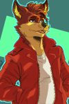  2:3 absurd_res anthro canid canine clothed clothing fox fully_clothed fur half-length_portrait hi_res jacket koen_the_fox leather leather_jacket male mammal multicolored_body multicolored_fur portrait shirt skelesass skinny smile solo standing topwear undershirt 