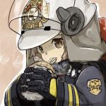  1girl arknights beige_background blackma_(pagus0012) bread breath brown_eyes brown_hair cheese_trail commentary eating english_commentary fire_helmet fire_jacket firefighter food gloves long_sleeves looking_at_viewer portrait shaw_(arknights) solo sweat 