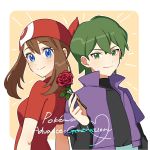  1boy 1girl bangs blue_eyes blush brown_hair closed_mouth commentary_request copyright_name drew_(pokemon) eyelashes flower green_eyes green_hair hair_between_eyes highres holding holding_flower iketsuko jacket looking_at_viewer may_(pokemon) pokemon pokemon_(anime) pokemon_rse_(anime) purple_jacket red_bandana red_flower red_rose rose short_sleeves smile upper_body 