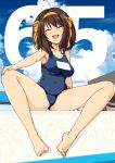  1girl barefoot breasts brown_hair closed_eyes cloud commentary countdown covered_navel full_body groin hair_ribbon happy haruhisky highres large_breasts open_mouth pool ribbon school_swimsuit short_hair sky solo suzumiya_haruhi suzumiya_haruhi_no_yuuutsu swimsuit wet yellow_ribbon 