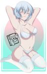  1girl absurdres arms_up ayanami_rei blue_hair bra breasts full_body highres neon_genesis_evangelion red_eyes short_hair solo underwear white_bra white_legwear zerif 