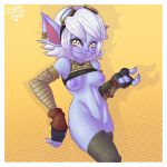  allentrap blue_body blue_skin blush border breasts clothing ear_piercing ear_ring eyewear female goggles hair hi_res humanoid humanoid_pointy_ears league_of_legends legwear lighttrap looking_at_viewer nude piercing riot_games short_hair simple_background solo tongue tongue_out tristana_(lol) video_games white_border white_hair yordle 