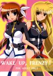  2girls absurdres bangs black_legwear blonde_hair blue_eyes breasts brown_hair couple cover cover_page doujin_cover eyebrows_visible_through_hair fate_testarossa hair_between_eyes hair_ribbon highres koishikawa locked_arms long_hair lyrical_nanoha mahou_shoujo_lyrical_nanoha_strikers mahou_shoujo_lyrical_nanoha_vivid multiple_girls open_mouth red_eyes ribbon takamachi_nanoha thighhighs white_ribbon yuri 