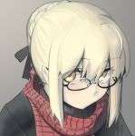  1girl artoria_pendragon_(all) black-framed_eyewear black_ribbon black_shirt blonde_hair blush boa_(brianoa) closed_mouth eyebrows_visible_through_hair fate/stay_night fate_(series) glasses grey_background hair_bun hair_ribbon highres looking_at_viewer pale_skin portrait red_scarf ribbon saber_alter scarf shirt simple_background solo yellow_eyes 