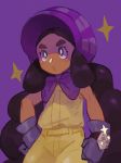  1girl bare_arms black_hair bonnet closed_mouth commentary_request dark_skin ester_(yhs1862) eyelashes gloves hapu_(pokemon) highres island_kahuna jumpsuit korean_commentary long_hair pokemon pokemon_(game) pokemon_sm purple_background purple_eyes sleeveless solo thick_eyebrows twintails 