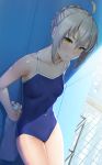  1girl artoria_pendragon_(all) competition_school_swimsuit fate/grand_order fate_(series) highres mysterious_heroine_x_(alter) nonderi one-piece_swimsuit pool school_swimsuit short_hair silver_hair solo swimsuit thighs yellow_eyes 