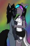  2:3 alaskafox anthro breasts canid canine canis clothed clothing duo female female/female fox highlights_(coloring) hybrid kissing mammal panties red_fox shocked_expression silver_fox sonja_wusky topless topless_female underwear wolf wolfdog 