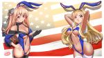  2girls adapted_costume american_flag animal_ears arm_up armpits arms_behind_head arms_up artist_logo bare_shoulders black_gloves black_legwear blonde_hair blue_eyes blue_leotard bow bowtie breasts brown_eyes bunny_ears bunny_girl bunny_tail bunnysuit cleavage commentary_request dated double_bun fake_animal_ears fishnets flag_background fletcher_(kantai_collection) gloves highres johnston_(kantai_collection) kantai_collection large_breasts leotard light_brown_hair long_hair looking_at_viewer medium_breasts moke_ro multiple_girls navel single_glove strapless strapless_leotard tail thighhighs two_side_up 