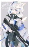  1girl alternate_costume amane_kanata assault_rifle english_commentary english_text grey_background gun hair_ornament highres hololive inabareito jacket open_mouth purple_eyes rifle scope short_hair silver_hair simple_background trigger_discipline virtual_youtuber weapon 