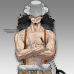  1boy black_hair closed_mouth commentary commission covered_eyes cowboy_shot crossed_arms english_commentary godekasu gradient gradient_background grey_background hat long_hair long_nose male_focus muscle one_piece shirtless sling smile solo standing suspenders twitter_username usopp veins 