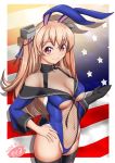  1girl adapted_costume american_flag animal_ears artist_logo black_gloves black_legwear blue_leotard breasts brown_eyes bunny_ears bunny_girl bunnysuit cleavage dated flag_background gloves johnston_(kantai_collection) kantai_collection leotard light_brown_hair long_hair medium_breasts moke_ro single_glove solo thighhighs two_side_up 