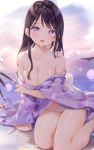  1girl absurdres bare_shoulders black_hair breasts cleavage collarbone highres japanese_clothes kimono lens_flare long_hair looking_at_viewer medium_breasts navel no_bra off_shoulder open_mouth original panties purple_eyes purple_kimono shiratama_akane sitting solo thighs underwear wet white_panties wind_chime 