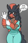  2:3 anthro big_breasts black_eyes breasts cleavage clothed clothing curvy_figure english_text equid female gloves handwear id_card lemondude looking_at_viewer mammal mudsdale nintendo nurse nurse_uniform pok&eacute;mon pok&eacute;mon_(species) simple_background smile solo text thick_thighs uniform video_games 