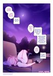  absurd_res anthro bench bottomless cellphone clothed clothing dialogue english_text frenky_hw hair hi_res lying male_(lore) mammal moon night on_back outside phone pink_body pink_hair star text 