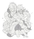  1boy 1girl ass bike_shorts chain chimaki_(impressiveanarchy) commentary_request earrings gian_(saga) greyscale hug jewelry long_hair monochrome myriam_(saga) romancing_saga romancing_saga_minstrel_song saga simple_background smile white_background 