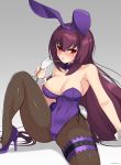  1girl absurdres animal_ears armpits artist_name bangs bare_shoulders blush bow bowtie breasts bunny_ears bunny_girl bunnysuit cleavage covered_navel cum cum_in_cup cum_string cup detached_collar drinking_glass eyebrows_visible_through_hair fake_animal_ears fate/grand_order fate_(series) hair_between_eyes high_heels highres hioyami holding large_breasts leotard long_hair looking_at_viewer open_mouth pantyhose purple_footwear purple_hair red_eyes scathach_(fate)_(all) scathach_(fate/grand_order) sitting solo sweat wrist_cuffs 