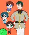  4boys amuro_ray blue_eyes blue_hair bright_noa brown_hair clenched_teeth commentary floating green_eyes gundam gundam_zz hands_on_hips haro highres judau_ashta kamille_bidan mobile_suit_gundam multiple_boys orange_background parody powerpuff_girls robot style_parody teeth uniform usa_(usagi7585) zeta_gundam 