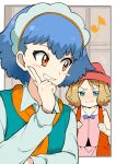  2girls bangs blue_eyes blue_hair blush blush_stickers clenched_hands commentary_request cu-sith eyebrows_visible_through_hair fingernails flying_sweatdrops green_shirt hand_up hat light_brown_hair long_sleeves looking_back miette_(pokemon) multiple_girls musical_note pokemon pokemon_(anime) pokemon_xy_(anime) red_eyes red_headwear ribbon serena_(pokemon) shirt short_hair smile teeth upper_body wavy_mouth 