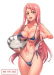  1girl absurdres bikini blue_bikini blush bowl breasts carrying_under_arm cowboy_shot highres holding holding_bowl holding_spoon large_breasts long_hair open_mouth original pink_hair satou_shouji side-tie_bikini simple_background solo spoon suggestive_fluid swimsuit white_background yellow_eyes 