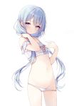  1girl absurdres bangs bare_shoulders blue_eyes blue_hair blush bra collarbone commentary_request eyebrows_visible_through_hair frilled_bra frills fusuma_(ramunezake) groin hair_between_eyes hands_up highres long_hair looking_at_viewer low_twintails navel original panties panty_pull parted_lips simple_background solo standing twintails underwear underwear_only very_long_hair white_background white_bra white_panties 