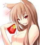  animal_ears apple breasts brown_hair fang food fruit holding holding_food holding_fruit holo long_hair medium_breasts nilitsu no_nipples nude smirk solo spice_and_wolf upper_body wolf_ears 