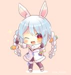  1girl ;d animal_ear_fluff animal_ears bangs black_gloves black_legwear black_leotard blue_hair blush boots bow braid brown_background bunny-shaped_pupils bunny_ears carrot_hair_ornament chibi commentary_request don-chan_(usada_pekora) dress eyebrows_visible_through_hair food_themed_hair_ornament full_body fur-trimmed_boots fur-trimmed_dress fur-trimmed_gloves fur_trim gloves hair_between_eyes hair_bow hair_ornament hololive index_finger_raised kouu_hiyoyo leotard long_hair multicolored_hair one_eye_closed open_mouth outstretched_arm pantyhose red_eyes short_eyebrows smile standing strapless strapless_dress strapless_leotard thick_eyebrows twin_braids twintails two-tone_hair upper_teeth usada_pekora very_long_hair virtual_youtuber white_bow white_dress white_footwear white_hair 