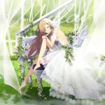  1girl album_cover barefoot brown_hair cover dress feathered_wings feathers flower from_side hair_ornament instrument ivy knee_up long_hair looking_at_viewer looking_to_the_side low_wings original outdoors piano sitting smile sogawa solo stool water wedding_dress white_dress white_flower white_wings wings wristband 