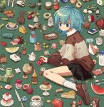  1girl apple avocado basket basketball black_skirt blue_eyes blue_hair book bottle brown_footwear bucket cactus cake cake_slice candy carrot chair cherry chocolate chocolate_bar closed_mouth coffee coffee_mug cup cutting_board dot_nose doughnut elephant flower food fork fried_egg fruit globe green_background highres ironing_board jar ka_(marukogedago) knife lego_brick long_sleeves melon mop mug olive original pacifier pancake pencil_case plant pleated_skirt postage_stamp potted_plant sandwich sewing_machine shoes short_hair simple_background sitting skirt slippers smile socks solo spoon strawberry stuffed_animal stuffed_toy sweater table tagme tape teddy_bear tissue_box toy_car toy_truck tree turnip wariza watering_can watermelon white_legwear wine_bottle 