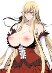  1girl bakemonogatari bare_shoulders blonde_hair blush breasts dress fur_trim inverted_nipples kiss-shot_acerola-orion_heart-under-blade kizumonogatari large_breasts long_hair monogatari_(series) pointy_ears red_dress shiny shiny_skin simple_background sketch solo vampire white_background yellow_eyes zucchini 