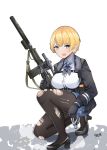  1girl absurdres black_footwear black_jacket blonde_hair blue_eyes bow bowtie breasts brown_legwear collared_shirt commentary english_commentary gar32 girls_frontline grey_neckwear gun highres holding holding_gun holding_weapon jacket large_breasts long_sleeves looking_at_viewer mole mole_under_eye one_knee open_mouth pantyhose rifle shirt shoes short_hair signature solo torn_clothes torn_legwear vsk-94_(girls_frontline) weapon white_background wing_collar 