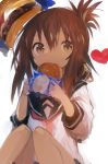  1girl absurdres bangs brown_hair eating eyebrows_visible_through_hair folded_ponytail food hair_between_eyes hamburger heart highres holding holding_food inazuma_(kantai_collection) kaamin_(mariarose753) kantai_collection neckerchief oversized_food ponytail red_neckwear sailor_collar school_uniform serafuku simple_background solo white_background yellow_eyes 