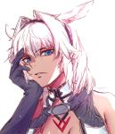  1girl animal_ears blue_eyes caenis_(fate) chest_tattoo chin_rest commentary_request dark_skin fate/grand_order fate_(series) gloves hair_between_eyes hair_intakes hairband horse_ears looking_at_viewer non_(nonzile) parted_lips pink_hair short_hair sketch sleeveless solo tattoo 