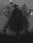  3boys absurdres bloodborne cape cloak coat commentary death english_text fire gloves glowing glowing_eyes greyscale hat hat_over_one_eye highres holding holding_scythe holding_sword holding_torch holding_weapon hunter_(bloodborne) hunting monochrome multiple_boys outdoors over_shoulder scythe shaded_face signature standing sword torch torn_cape torn_cloak torn_clothes tripdancer walking weapon weapon_over_shoulder 