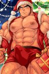  1boy abs absurdres bara bare_chest bare_shoulders black_hair blush body_hair chest christmas christmas_tree erection erection_under_clothes facial_hair gift hat highres looking_at_viewer male_focus manly muscle navel nipples open_clothes original penis santa_costume santa_hat shiny shiny_skin short_hair sideburns sleeveless solo terujirou_(masateruteru) thick_eyebrows thick_thighs thighs veins 