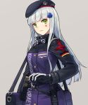  1girl ammunition_pouch bag bangs beret blunt_bangs facial_mark german_flag girls_frontline gloves green_eyes grey_background hair_ornament hat highres hk416_(girls_frontline) itou_(onsoku_tassha) jacket knife knife_holster long_hair magazine_(weapon) pouch shoulder_bag silver_hair solo teardrop 