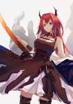  1girl 7ife absurdres arknights bangs bare_shoulders black_dress breasts cleavage commentary cowboy_shot dress grey_background highres horns huge_filesize long_hair medium_breasts purple_eyes red_hair solo standing surtr_(arknights) thighhighs 
